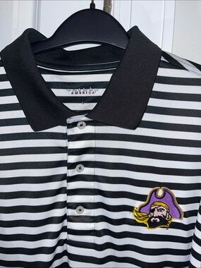 ECU East Carolina Pirates stripe Black White polo club golf college shirt L Poly